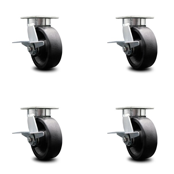Service Caster 6 Inch Kingpinless Glass Filled Nylon Wheel Swivel Caster Set with Brakes SCC SCC-KP30S620-GFNR-SLB-4 - main